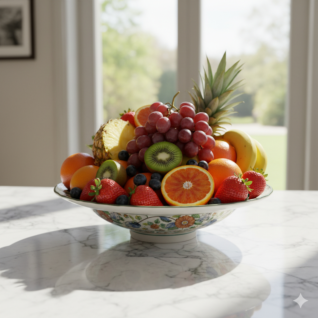 Ultra-realistic still life: bowl of fresh colorful fruit on marble, bright daylight, crisp reflections and subtle shadows.