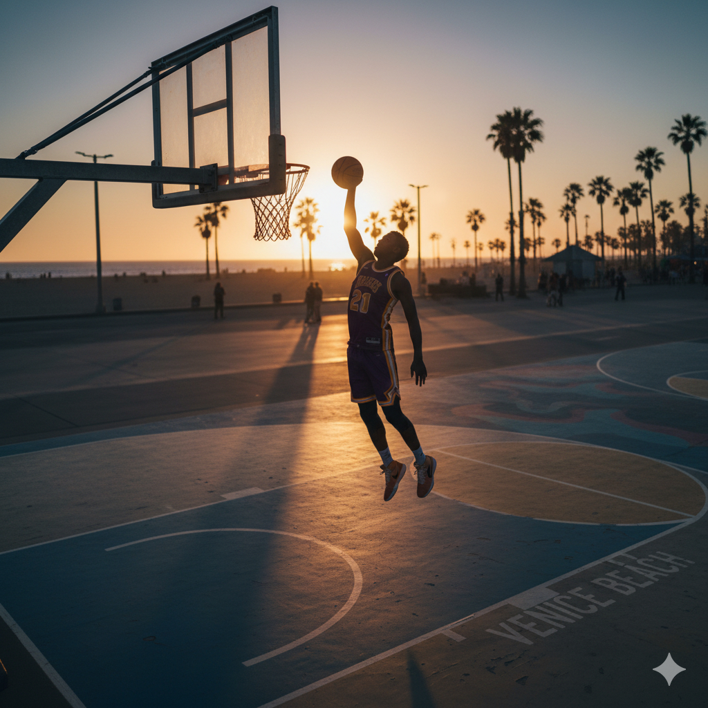 Ultra-realistic basketball court: basketball player dunking, image captured by drone, Venice Beach, sunset light, professional lens