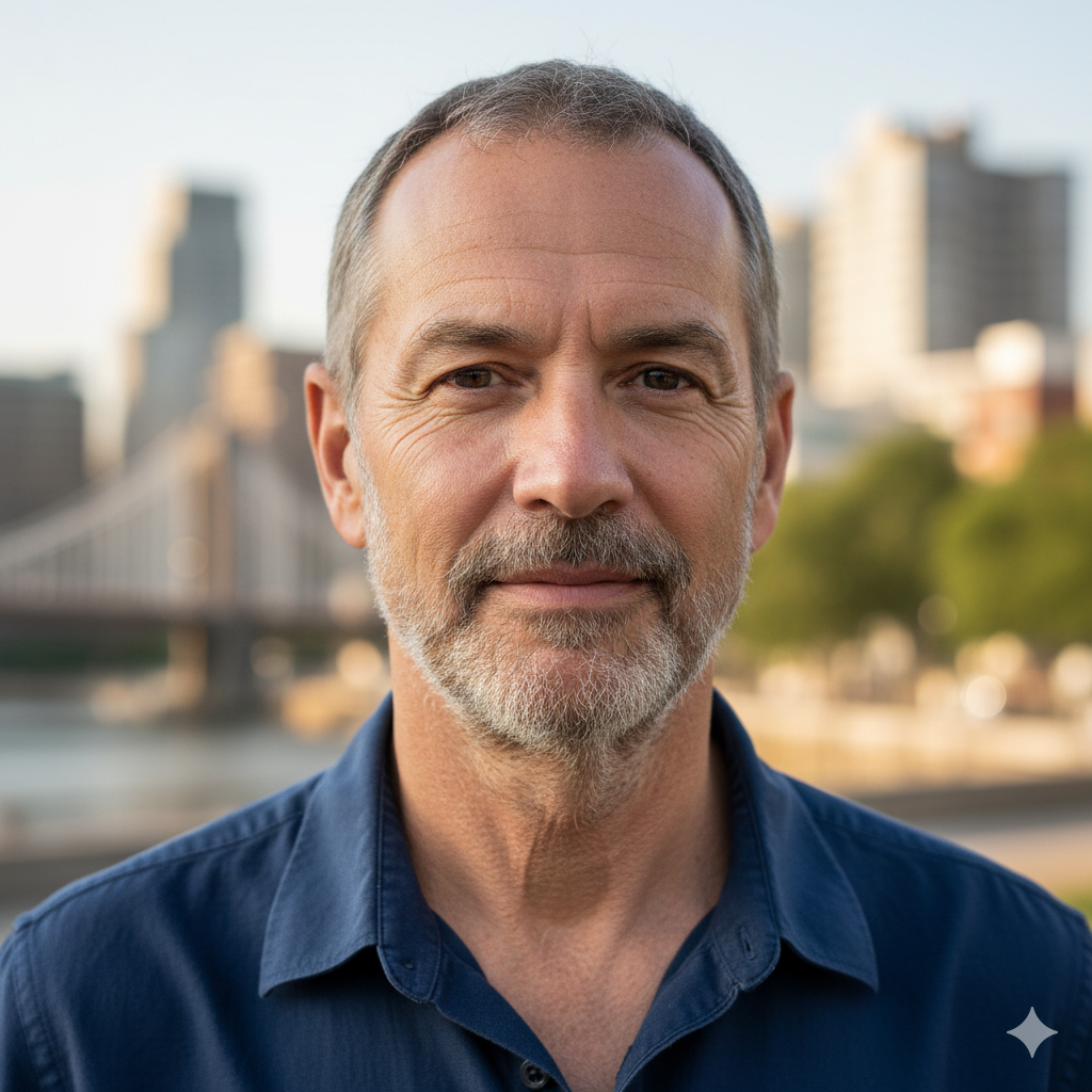 Photorealistic portrait of a middle-aged man in natural sunlight, realistic skin texture, slight facial imperfections, subtle shadow and depth, background: out-of-focus urban scene.