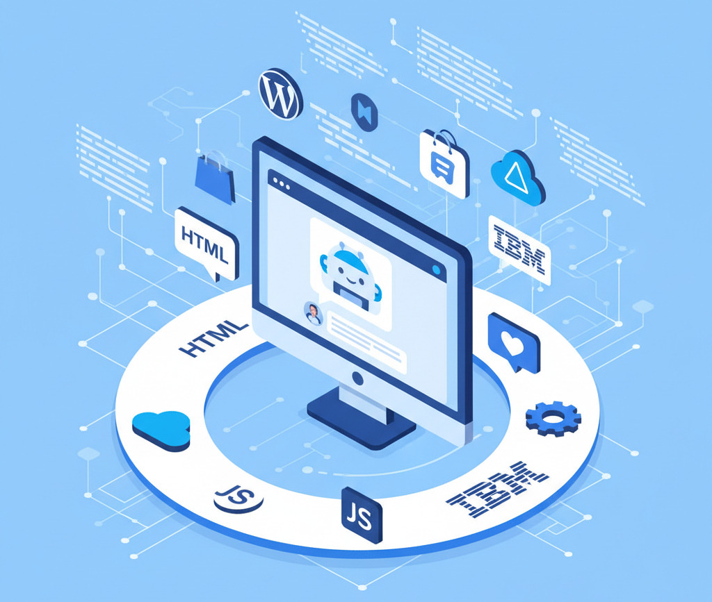 Illustrazione moderna che mostra un monitor con un chatbot AI attivo al centro, circondato dai loghi di WordPress, Shopify, HTML/JavaScript e Azure/IBM Watson, a rappresentare l’integrazione del bot su diverse piattaforme e CMS. Sullo sfondo, linee digitali e codice evocano il mondo dello sviluppo web